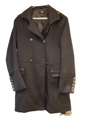 H&M Men Black Military Coat 38R Button Epaulette Stand-Up Collar Double Breasted